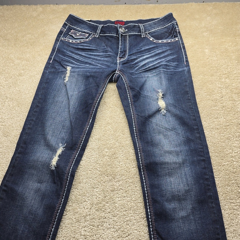 Lamasini Jeans Womens Size 11 Dark Wash Distressed Rhinestone Pocket Bootcut